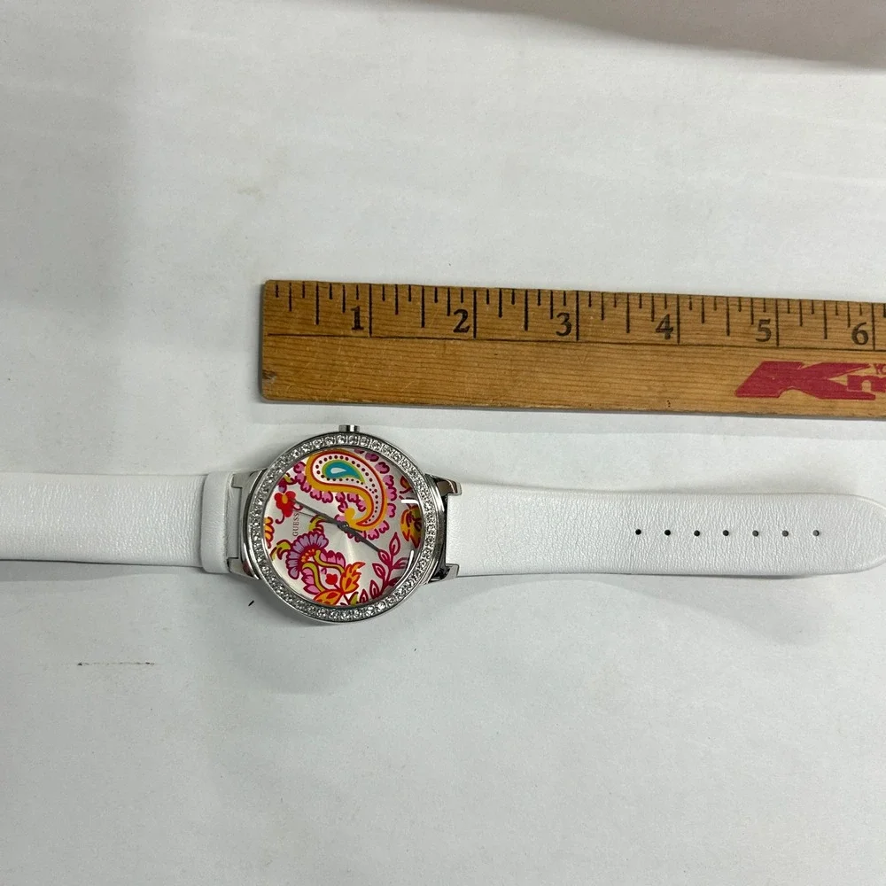 GUESS Paisley Dial Crystal Bezel Watch One Size White Leather Strap Boho Y2K